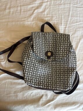 Tommy Hilfiger Brown & White Monogram Flap faux leather Backpack